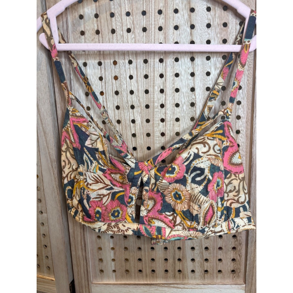 Pilcro Anthropologie Floral Cotton Smocked Crop Top XL Pink Gold Boho Sleeveless